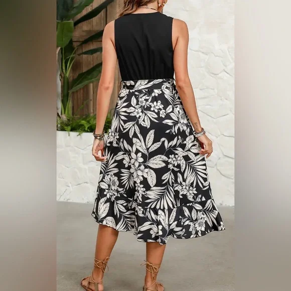 Sleeveless V-Neck Asymmetrical Ruffle Midi
Dress - Picture 2 of 2